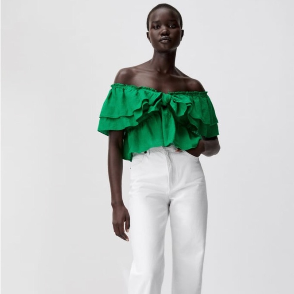 Zara | Green Ruffle Linen Top Size XS NWT